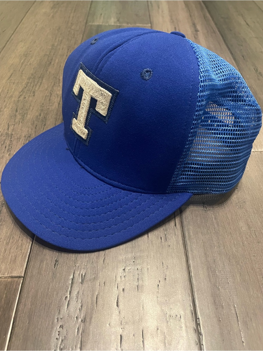 Vintage AJD Blue Trucker Hat Chenille T Patch Snapback Mesh Cap USA 80s